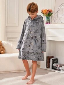 SHEIN 男童可爱宇航员和行星图案连帽长袖袋鼠口袋毛绒长睡衣，秋冬季 - 灰色 - 查看 4
