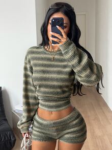 Coolane 女款四季通用秋冬外出休閒日常穿著復古波希米亞風性感時尚綠色條紋紋理彈性修身衛衣秋季穿搭 - 綠色 - 查看 8