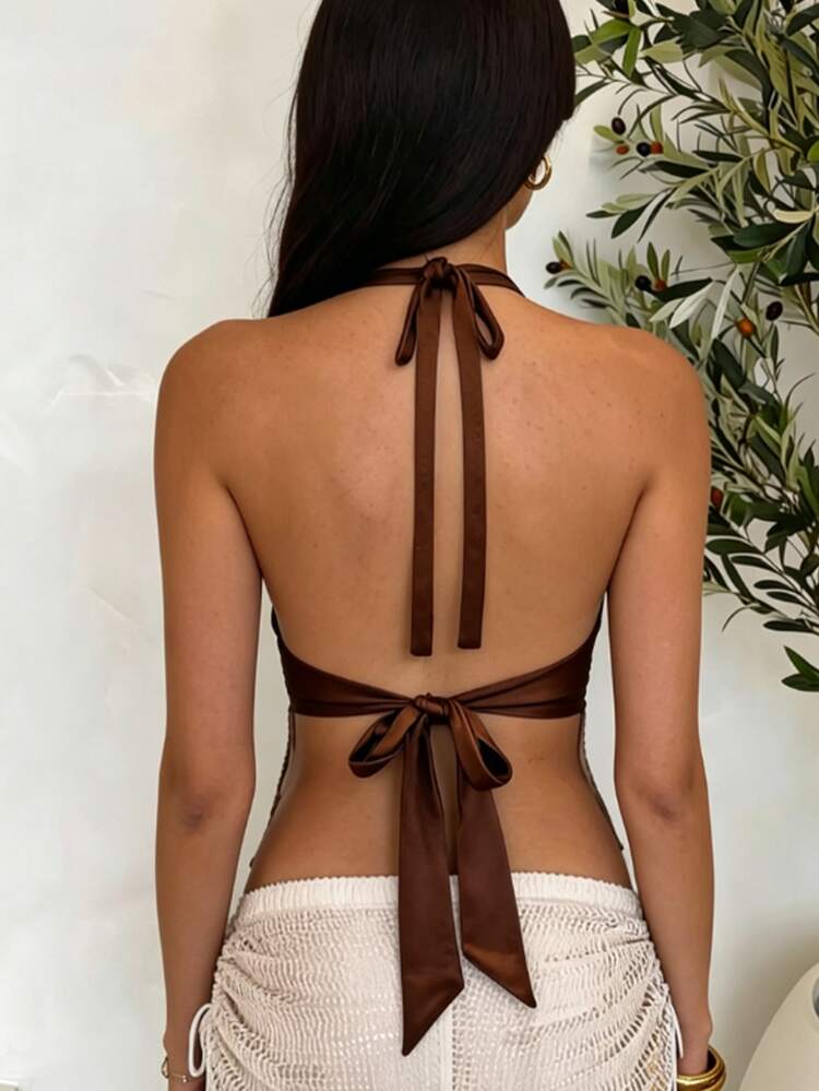 Glamine Women's Sexy Sequin Backless Halter Top, Summer Party Vacation Night Club Brown Floral Floral - Coffee Brown - View 2