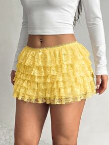 SHEIN SXY 蕾丝层叠荷叶边低腰短裤 - 淡黃色 - 查看 6
