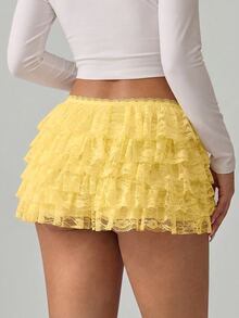 SHEIN SXY 蕾丝层叠荷叶边低腰短裤 - 淡黃色 - 查看 2