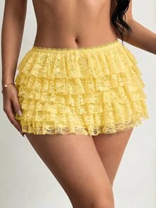 SHEIN SXY 蕾丝层叠荷叶边低腰短裤 - 淡黃色 - 查看 4