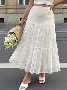 SHEIN MOD Plus Size Women's Knitted Jacquard Ruffle Hem Long Skirt, Apricot Lace Bodycon Ruffle Hem Skirt, Birthday, Party, Graduation Season - Apricot - View 5