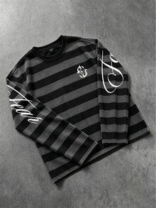 ROMWE MEN Kaos Lengan Panjang Pria dengan Motif Kaligrafi dan Garis-garis - Hitam - View 2