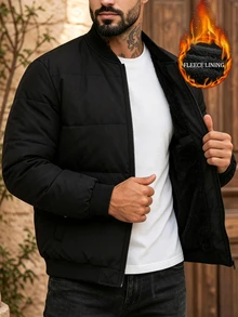 Manfinity Homme 男士純色長袖拉鍊棒球領冬季外套，羽絨服 - 黑色 - 查看 4