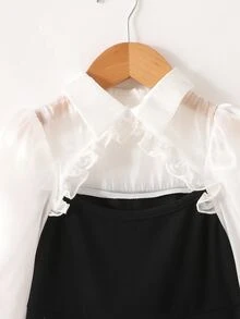 SHEIN 女童休閒簡約舒適領口鏤空拼接撞色洋裝 秋/冬季返校季穿搭 - 黑色 - 查看 6