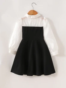 SHEIN 女童休閒簡約舒適領口鏤空拼接撞色洋裝 秋/冬季返校季穿搭 - 黑色 - 查看 3