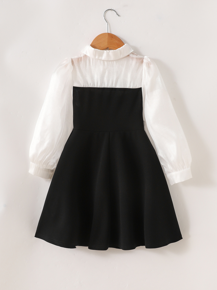 SHEIN Young Girl Casual Minimalist Comfortable Collar Hollow Patchwork Contrast Color Dress Young Girl Back To School Season Fall/Winter Outfits - Black - View 3