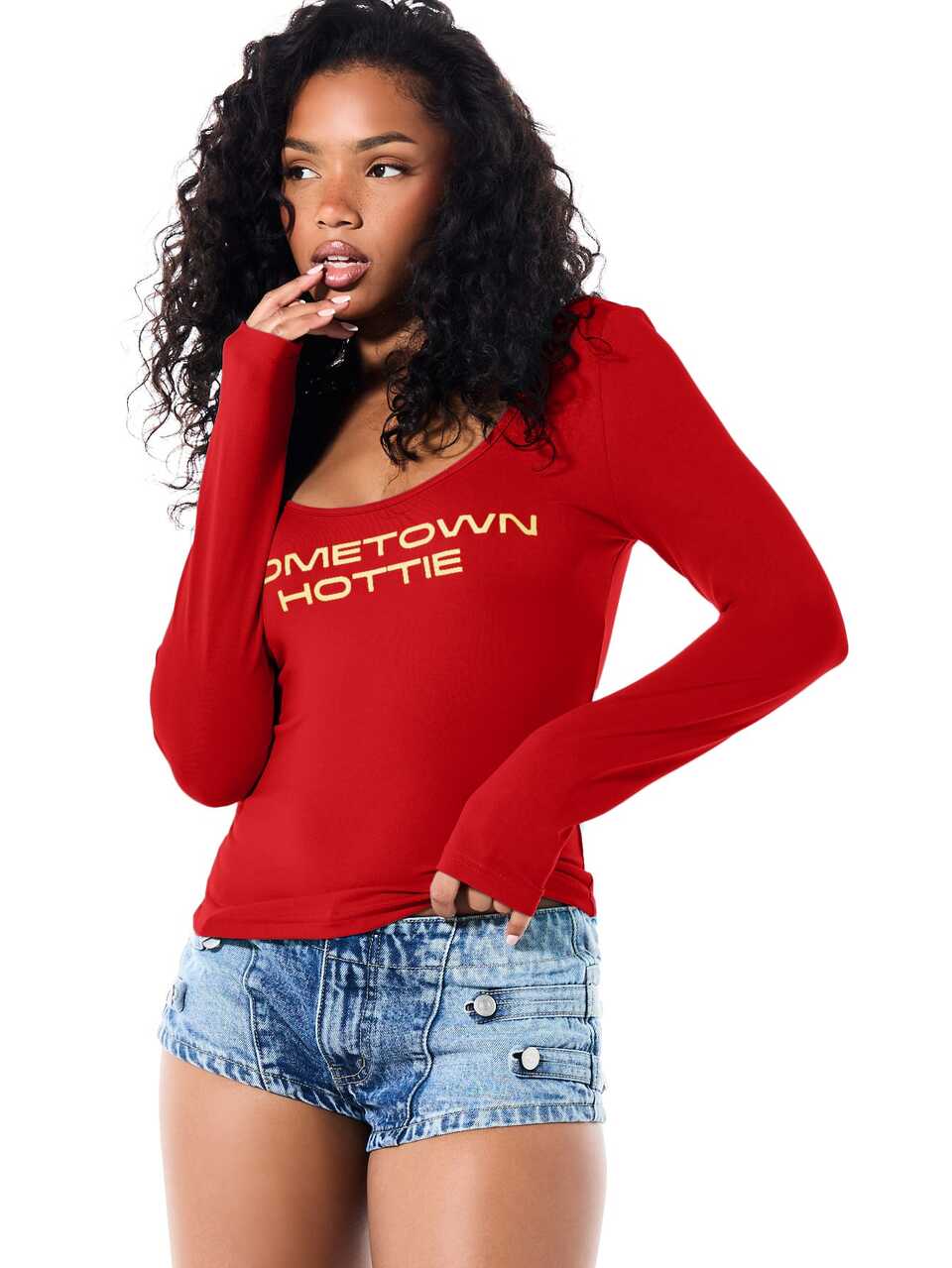 SUMWON WOMEN Hometown Hottie Graphic Long Sleeve Bodysuit With Scoop Neck And Open Back Design For Fall Winter Casual Night Out