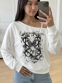 SHEIN 青少年女孩秋季新款白色哥德風圖案單肩寬鬆休閒衛衣 - 白色 - 查看 7