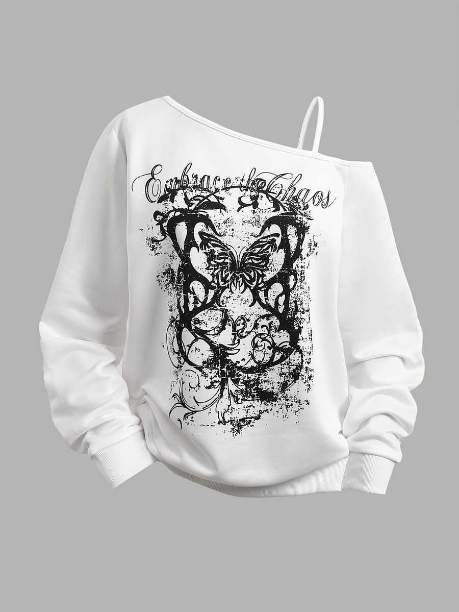 SHEIN 青少年女孩秋季新款白色哥德風圖案單肩寬鬆休閒衛衣 - 白色 - 查看 1
