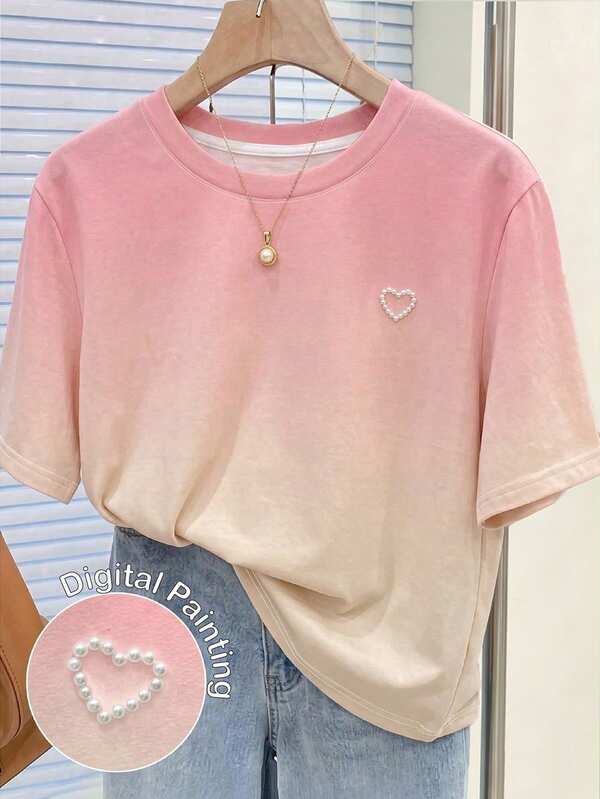 SHEIN Sparklyn Teen Girls T-Shirt Top, Sweet Casual Gradient Beaded Heart Design T-Shirt, Fashion Beaded Heart Pattern, Suitable For Summer, Personalized T-Shirt, Girl Graphic T-Shirt, Suitable For Spring & Summer, Easy Comfort, Family Outings, Casual Wear, Back To School Essential, Spring Vibes, Summer Vibes, Spring & Summer Outfits, Easy Comfort, Stylish Girl Set, Casual Wear, Kids Floral Graphic Clothes, Spring & Summer Set, New Style, Chill Chill, Spring Vibes Chill Summer Vacation