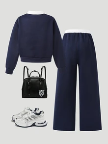 SHEIN 青少年女孩外套 青少年女孩套裝 返校季連帽衫 秋冬 Y2K 冬季衣著 - 寶藍色 - 查看 2