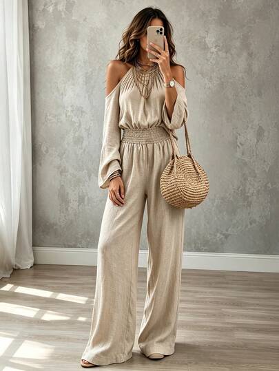 Louniche Women's Solid Color Ruched Off-Shoulder Casual Daily Wear Jumpsuit