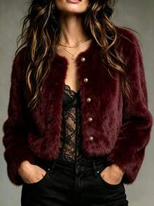 Franclia Women's Solid Color Round Neck Front Button Faux Fur Jacket, Fashionable Long Sleeve For Autumn/Winter - Burgundy - View 1