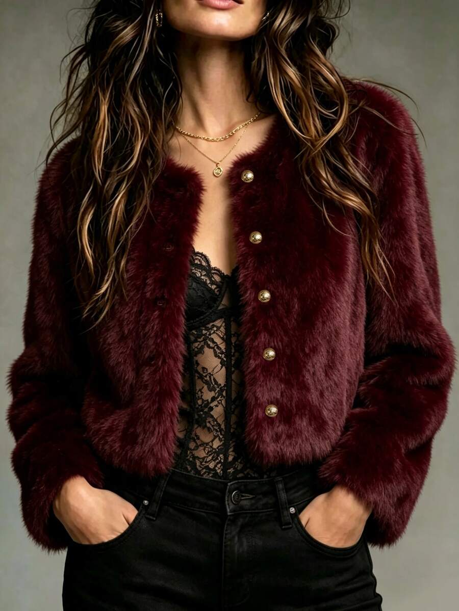 Franclia Women's Solid Color Round Neck Front Button Faux Fur Jacket, Fashionable Long Sleeve For Autumn/Winter - Burgundy - View 1
