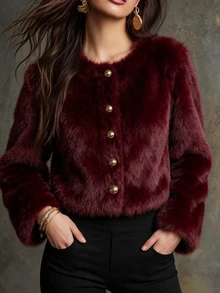 Franclia Women's Solid Color Round Neck Front Button Faux Fur Jacket, Fashionable Long Sleeve For Autumn/Winter - Burgundy - View 4