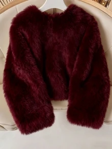 Franclia Women's Solid Color Round Neck Front Button Faux Fur Jacket, Fashionable Long Sleeve For Autumn/Winter - Burgundy - View 2