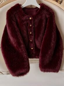 Franclia Women's Solid Color Round Neck Front Button Faux Fur Jacket, Fashionable Long Sleeve For Autumn/Winter - Burgundy - View 6