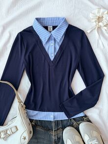 Tween Girls Autumn New Royal Blue Patchwork Striped College Style 2 In 1 Long Sleeve T-Shirt - Royal Blue - View 1