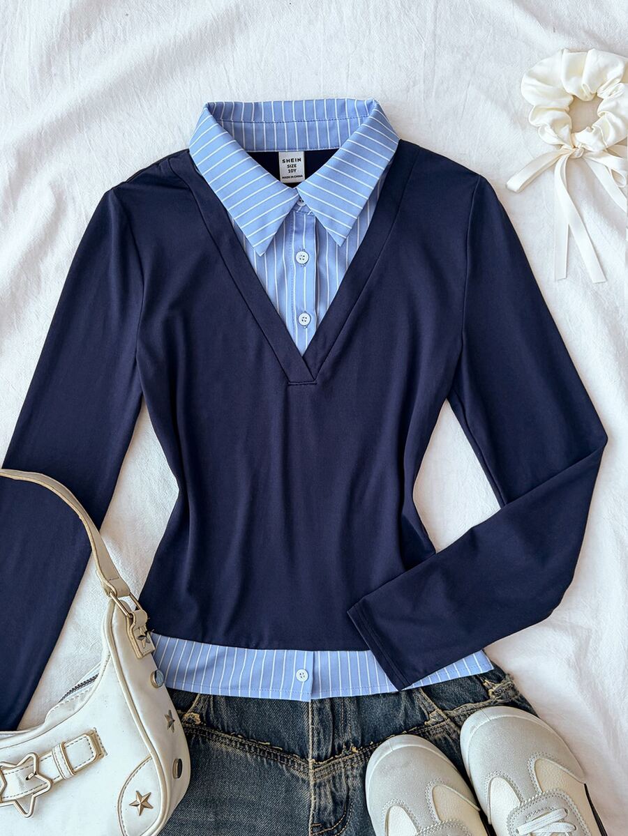 Tween Girls Autumn New Royal Blue Patchwork Striped College Style 2 In 1 Long Sleeve T-Shirt - Royal Blue - View 1