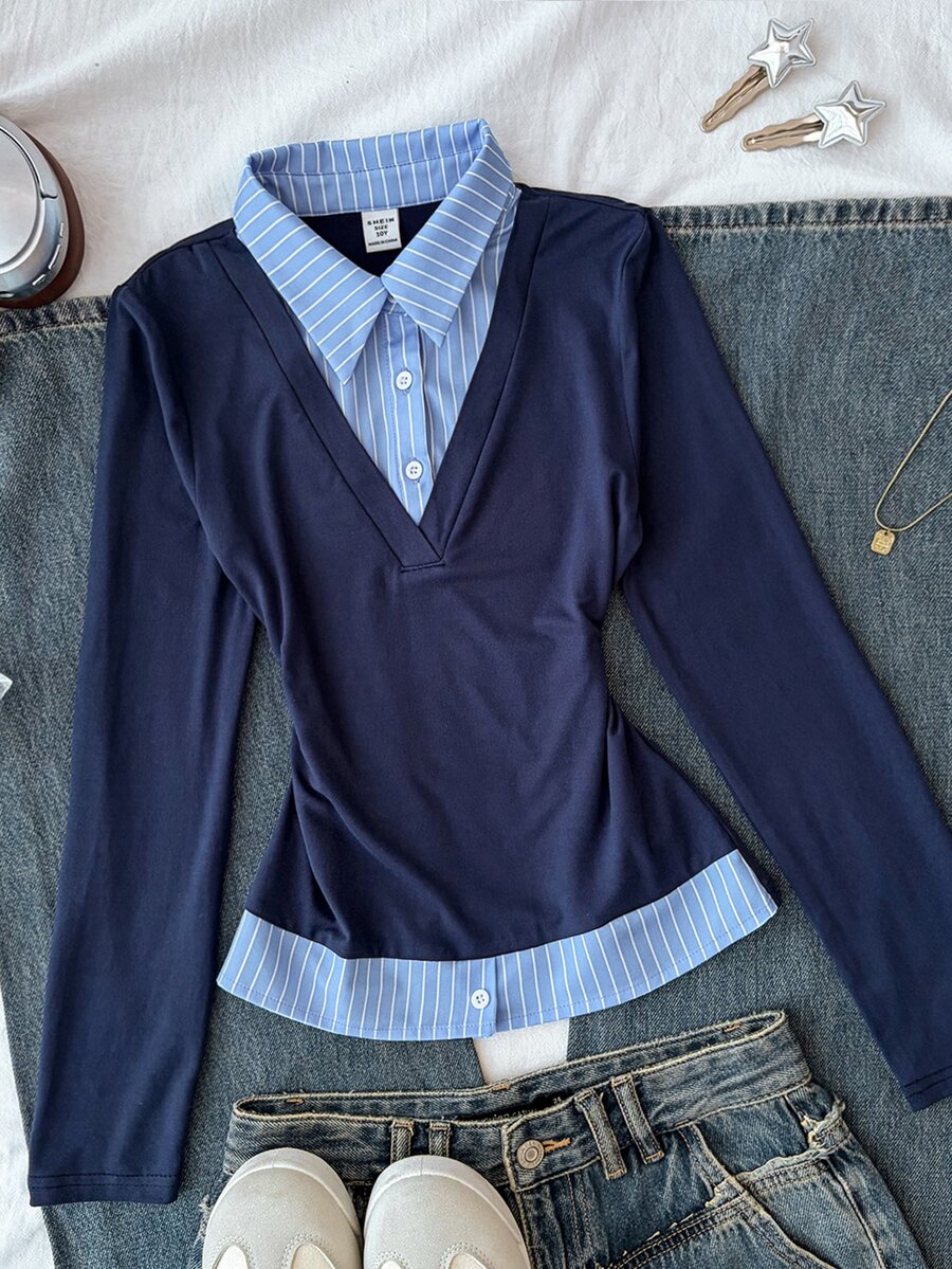 Tween Girls Autumn New Royal Blue Patchwork Striped College Style 2 In 1 Long Sleeve T-Shirt - Royal Blue - View 1
