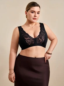 Hourtrue 2pcs Women's Bras, Full Coverage Plus Size Soft Breathable Lace Embroidery Front Closure Bras - Multicolor - View 8