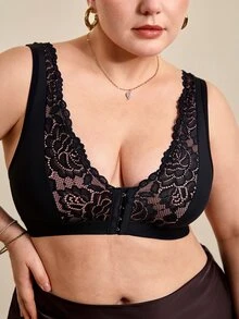 Hourtrue 2pcs Women's Bras, Full Coverage Plus Size Soft Breathable Lace Embroidery Front Closure Bras - Multicolor - View 5