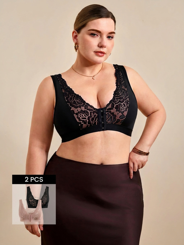 Hourtrue 2 piezas Sujetadores para mujer, sujetadores de cobertura completa de talla grande, suaves y transpirables con cierre frontal de encaje y bordado - Multicolor - Añade 1