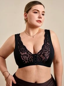 Hourtrue 2pcs Women's Bras, Full Coverage Plus Size Soft Breathable Lace Embroidery Front Closure Bras - Multicolor - View 4