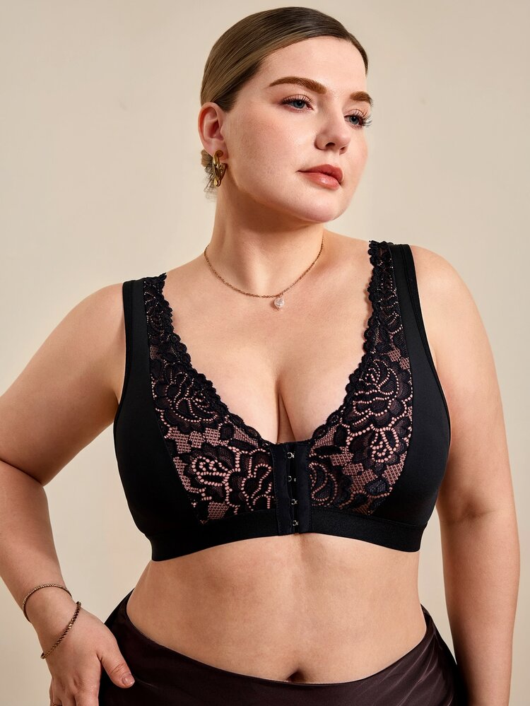 Hourtrue 2 piezas Sujetadores para mujer, sujetadores de cobertura completa de talla grande, suaves y transpirables con cierre frontal de encaje y bordado - Multicolor - Añade 3