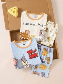 TOM & JERRY X SHEIN GraphicGems 男童可爱联名款柔软舒适弹力面料短袖短裤四件套睡衣套装，夏季 - 彩色 - 查看 1