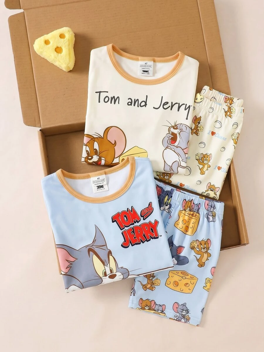TOM & JERRY X SHEIN GraphicGems 男童可爱联名款柔软舒适弹力面料短袖短裤四件套睡衣套装,夏季 - 彩色 - 查看 1