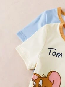 TOM & JERRY X SHEIN GraphicGems 男童可爱联名款柔软舒适弹力面料短袖短裤四件套睡衣套装，夏季 - 彩色 - 查看 5