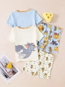 TOM & JERRY X SHEIN GraphicGems 男童可爱联名款柔软舒适弹力面料短袖短裤四件套睡衣套装，夏季 - 彩色 - 查看 2