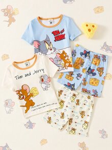 TOM & JERRY X SHEIN GraphicGems 男童可爱联名款柔软舒适弹力面料短袖短裤四件套睡衣套装，夏季 - 彩色 - 查看 7