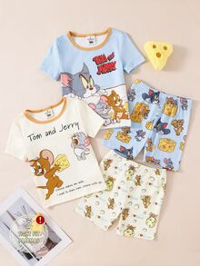 TOM & JERRY X SHEIN GraphicGems 男童可爱联名款柔软舒适弹力面料短袖短裤四件套睡衣套装，夏季 - 彩色 - 查看 3