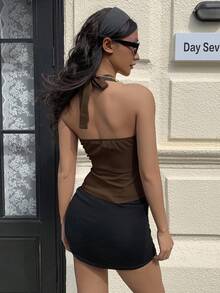 SHEIN EZwear 女士咖啡棕色单排扣系带露背上衣，夏季 - 咖啡棕 - 查看 2