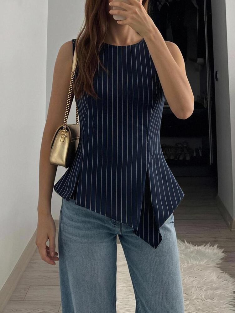 Aloruh Women's Navy Blue And White Pleated Casual Smart Casual Elegant Versatile Everyday Top Office Brunch,Teacher's Shirt,Going Out Tops,Work Tops,Office - Blue and White - View 5