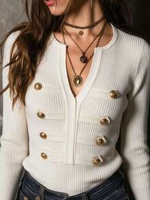 SHEIN New Fall Napoleonic Military Inspired Ribbed Knit Top Women Split V Neck Double Row Strap Button Long - White - View 3
