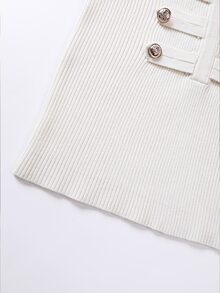 SHEIN New Fall Napoleonic Military Inspired Ribbed Knit Top Women Split V Neck Double Row Strap Button Long - White - View 6