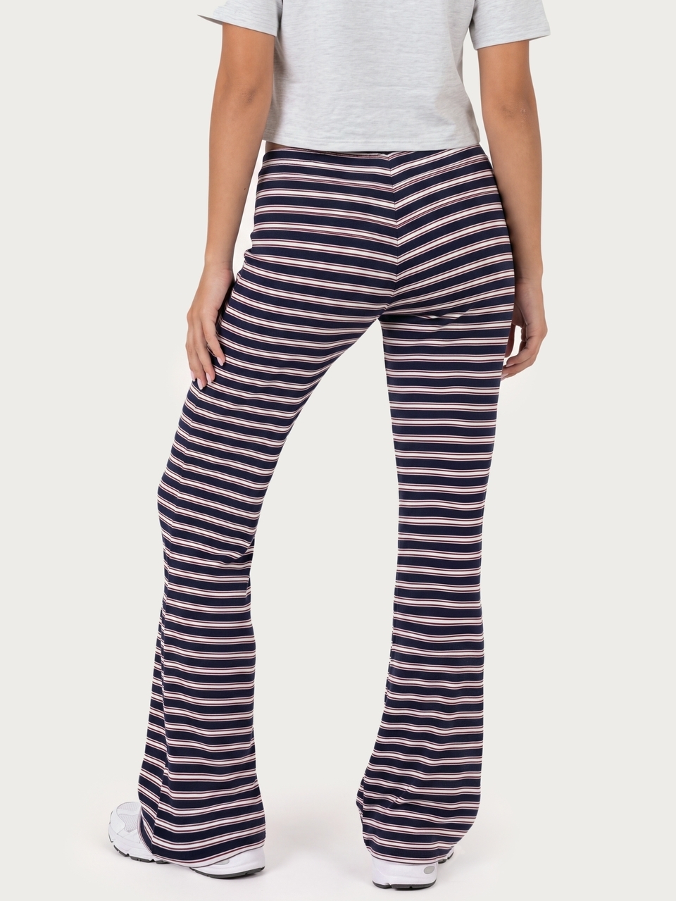 MISSGUIDED TEEN Striped Flare Leg Casual Pants With Drawstring Low Rise Tie Waist Bell Bottom Full Length Stretch Knit Trousers