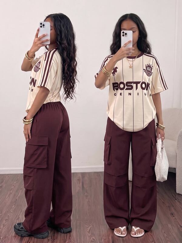 SHEIN Teen Girls Casual Street Style Digital Print T-Shirt + Cargo Pants 2-Piece Set, Comfortable Fit For Easy Movement, Fashionable Street Elements Versatile For Campus, Commuting, Weekend Outings, Daily Wear And Spring Occasions