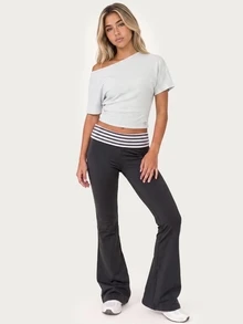 MISSGUIDED TEEN Fold-Over Waistband Flare Leggings With Striped Contrast Band Low Rise Bootcut Yoga Pants Full Length Stretch Knit Athletic - Navy Blue - View 3