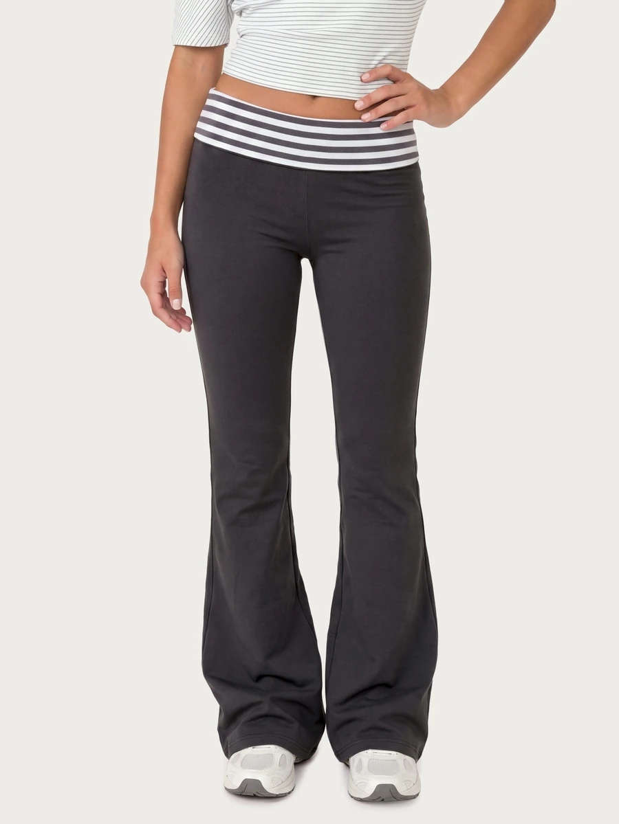 MISSGUIDED TEEN Fold-Over Waistband Flare Leggings With Striped Contrast Band Low Rise Bootcut Yoga Pants Full Length Stretch Knit Athletic - Navy Blue - View 1