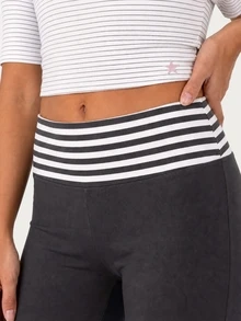 MISSGUIDED TEEN Fold-Over Waistband Flare Leggings With Striped Contrast Band Low Rise Bootcut Yoga Pants Full Length Stretch Knit Athletic - Navy Blue - View 5