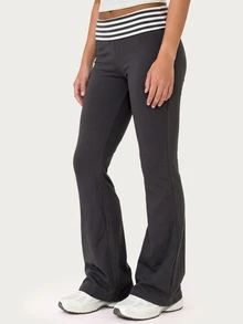 MISSGUIDED TEEN Fold-Over Waistband Flare Leggings With Striped Contrast Band Low Rise Bootcut Yoga Pants Full Length Stretch Knit Athletic - Navy Blue - View 4