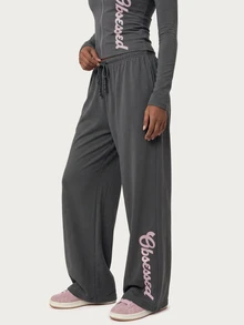 MISSGUIDED TEEN Obsessed Graphic Wide Leg Casual Pants With Drawstring Waist And Side Pockets Full Length Loungewear Bottoms - Grey - View 1