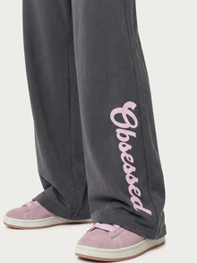 MISSGUIDED TEEN Obsessed Graphic Wide Leg Casual Pants With Drawstring Waist And Side Pockets Full Length Loungewear Bottoms - Grey - View 4