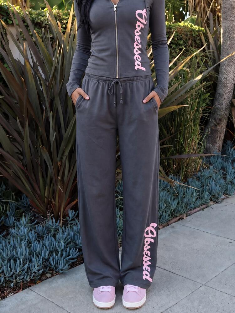 MISSGUIDED TEEN Obsessed Graphic Wide Leg Casual Pants With Drawstring Waist And Side Pockets Full Length Loungewear Bottoms - Grey - View 5